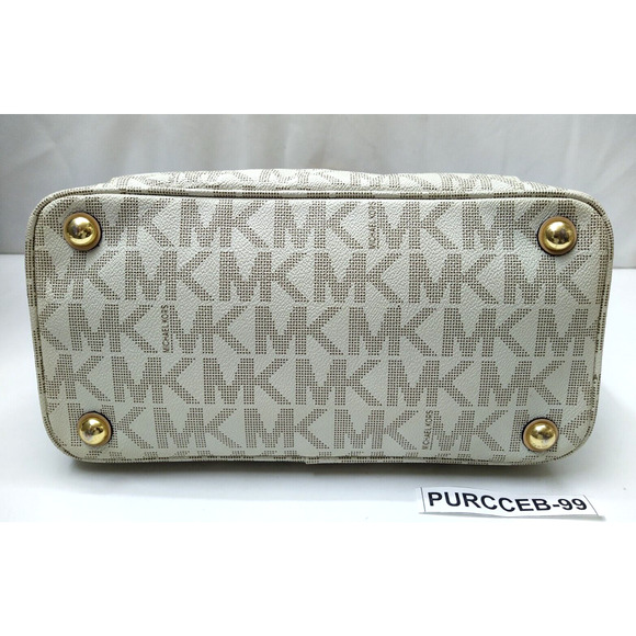 Michael Kors Jet Set Gray Crossgrain Leather MK Printed Pocket Tote Shoulder Bag - Picture 7 of 16